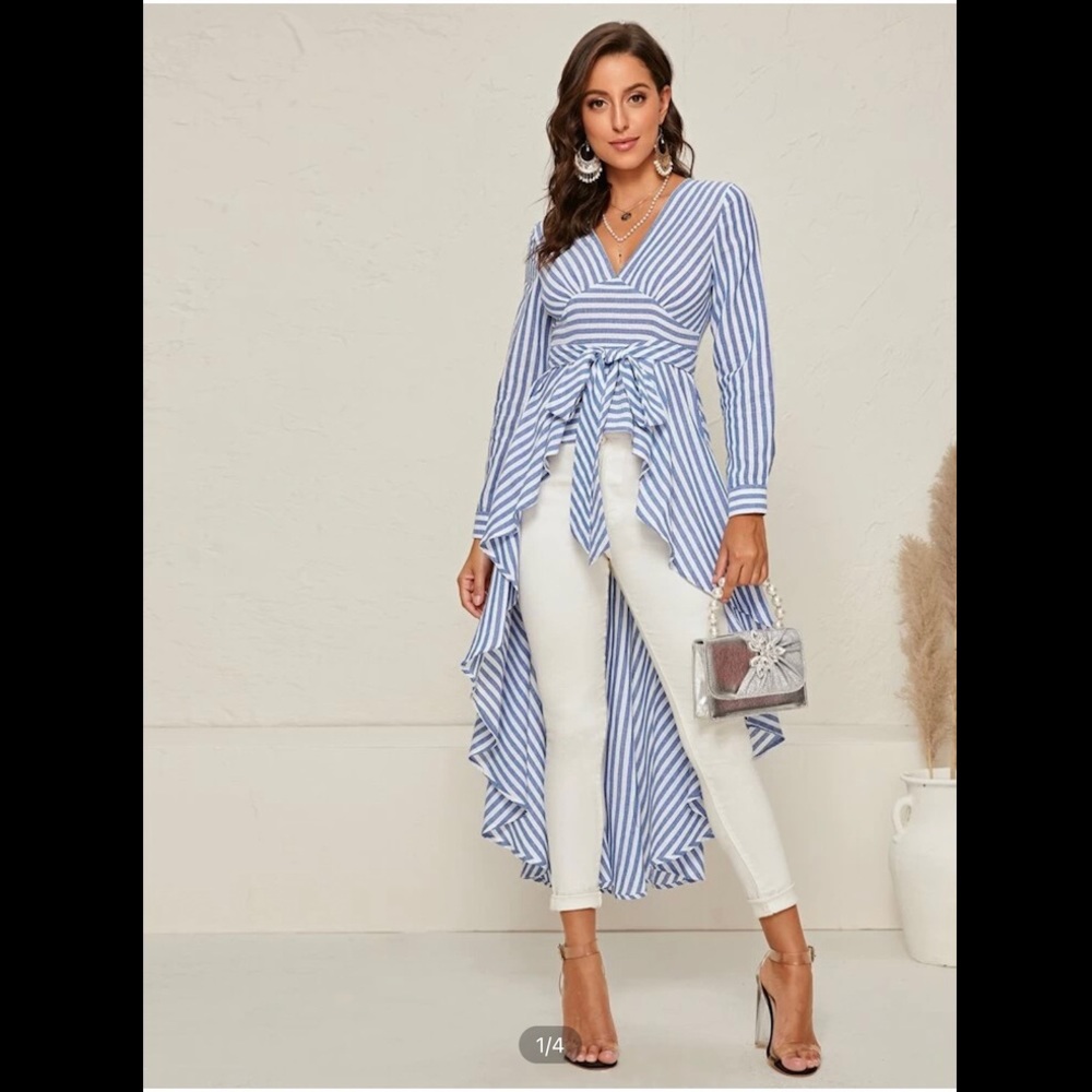 Blue and White Striped Asymmetric Top